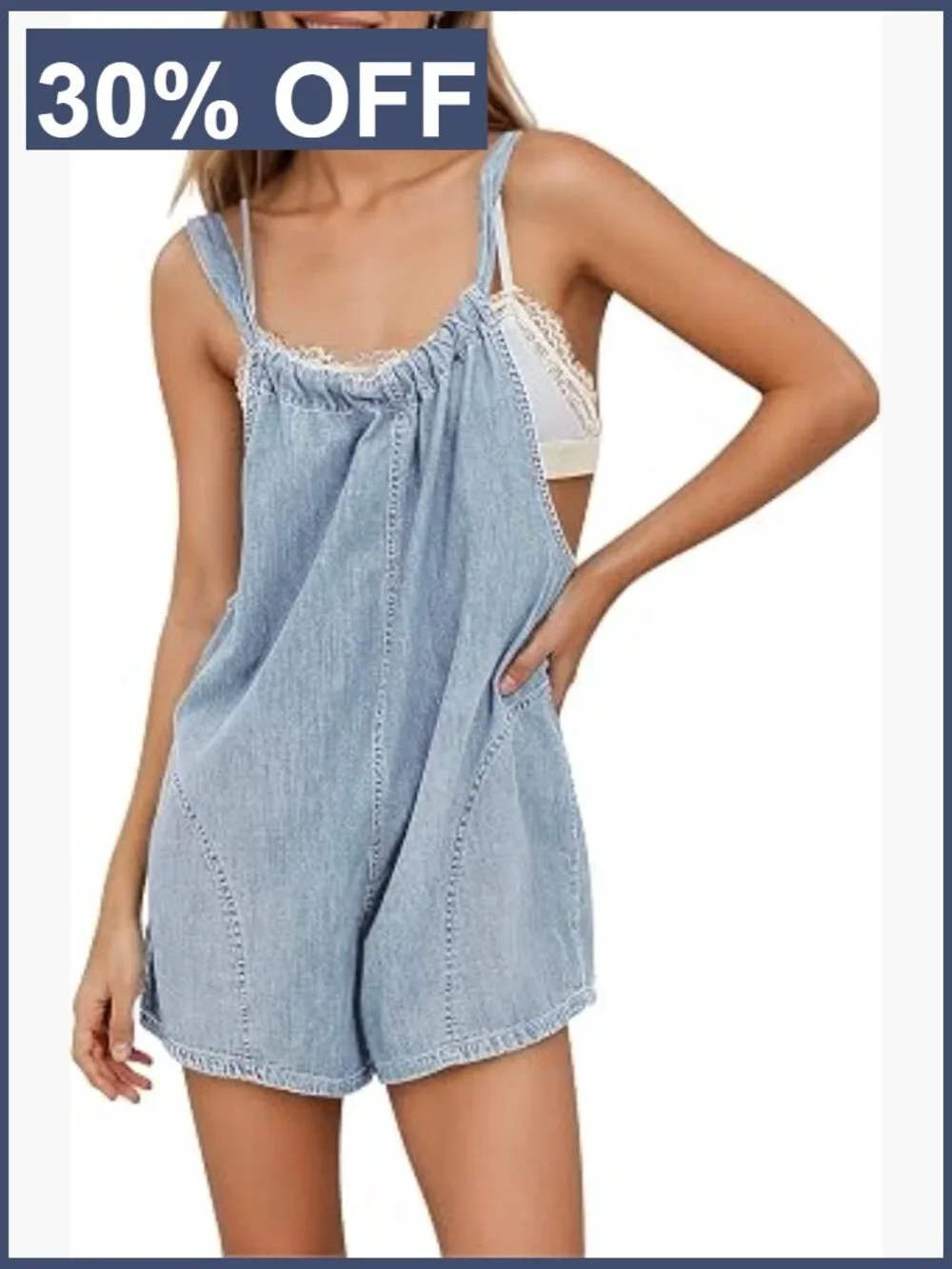 Women's Denim Overalls Shorts Romper Loose Fit Tie Back Summer Jumpsuit